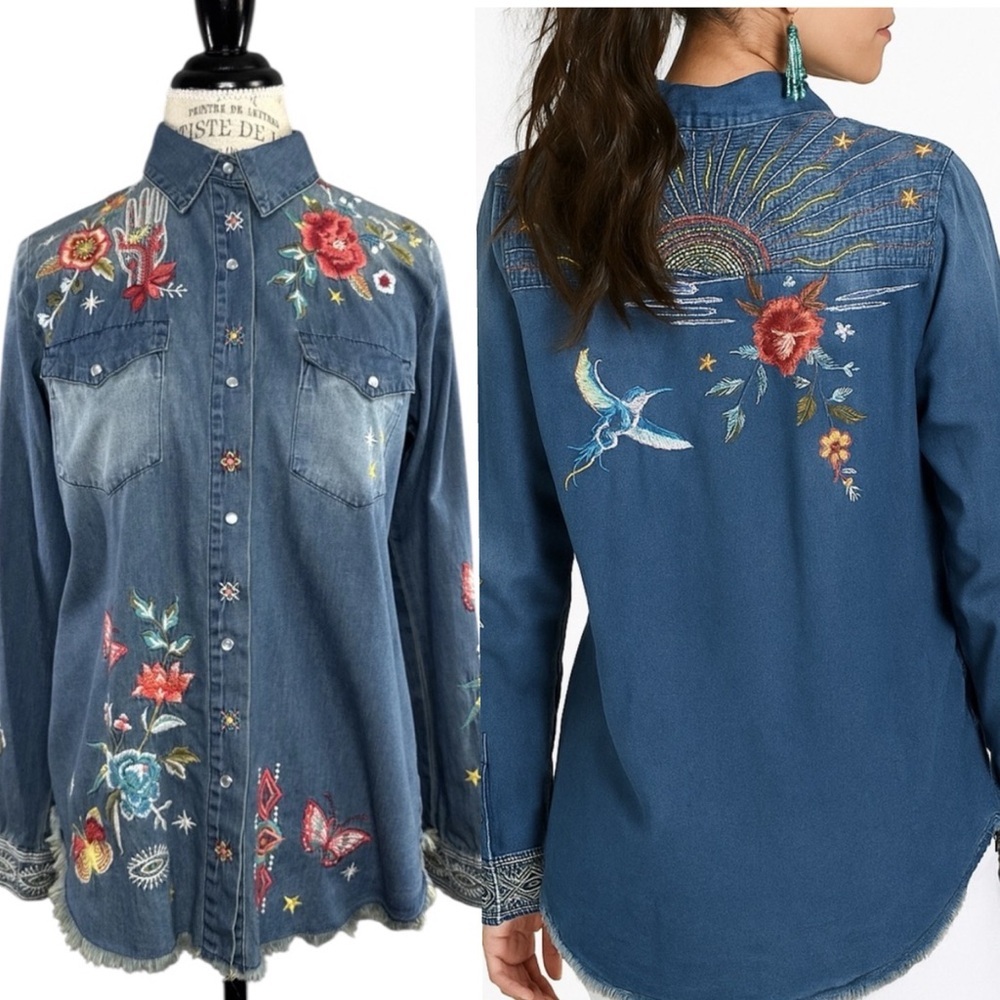 Johnny Was Cara Frayed Westward Denim Shirt NWT RARE